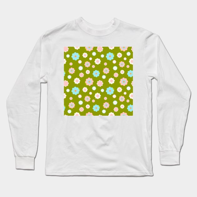 White, blue and pink flowers over green background Long Sleeve T-Shirt by marufemia